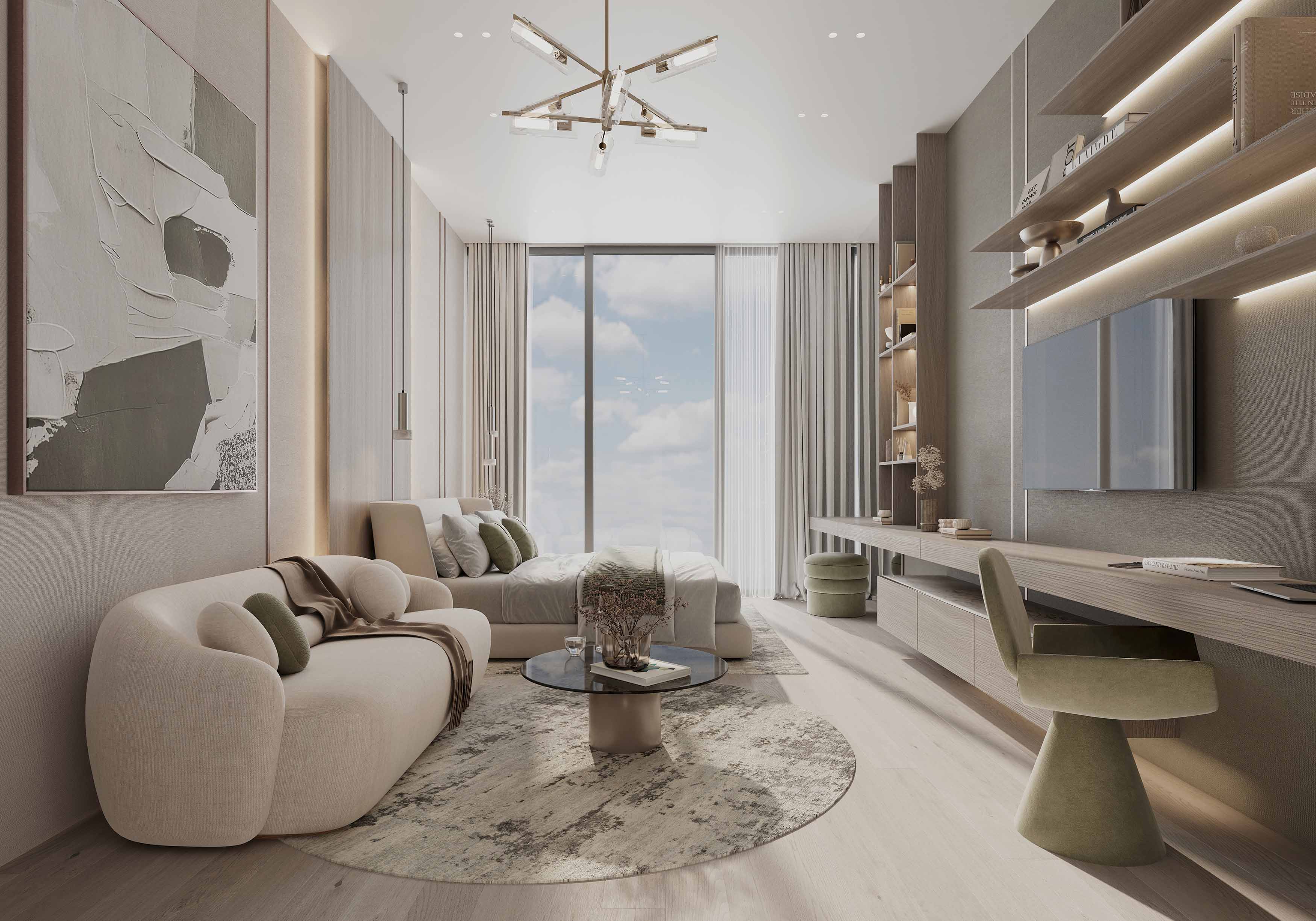 Cove Grand By Imtiaz Modern living space featuring a light-colored sofa, glass coffee table, and large windows with a scenic view.